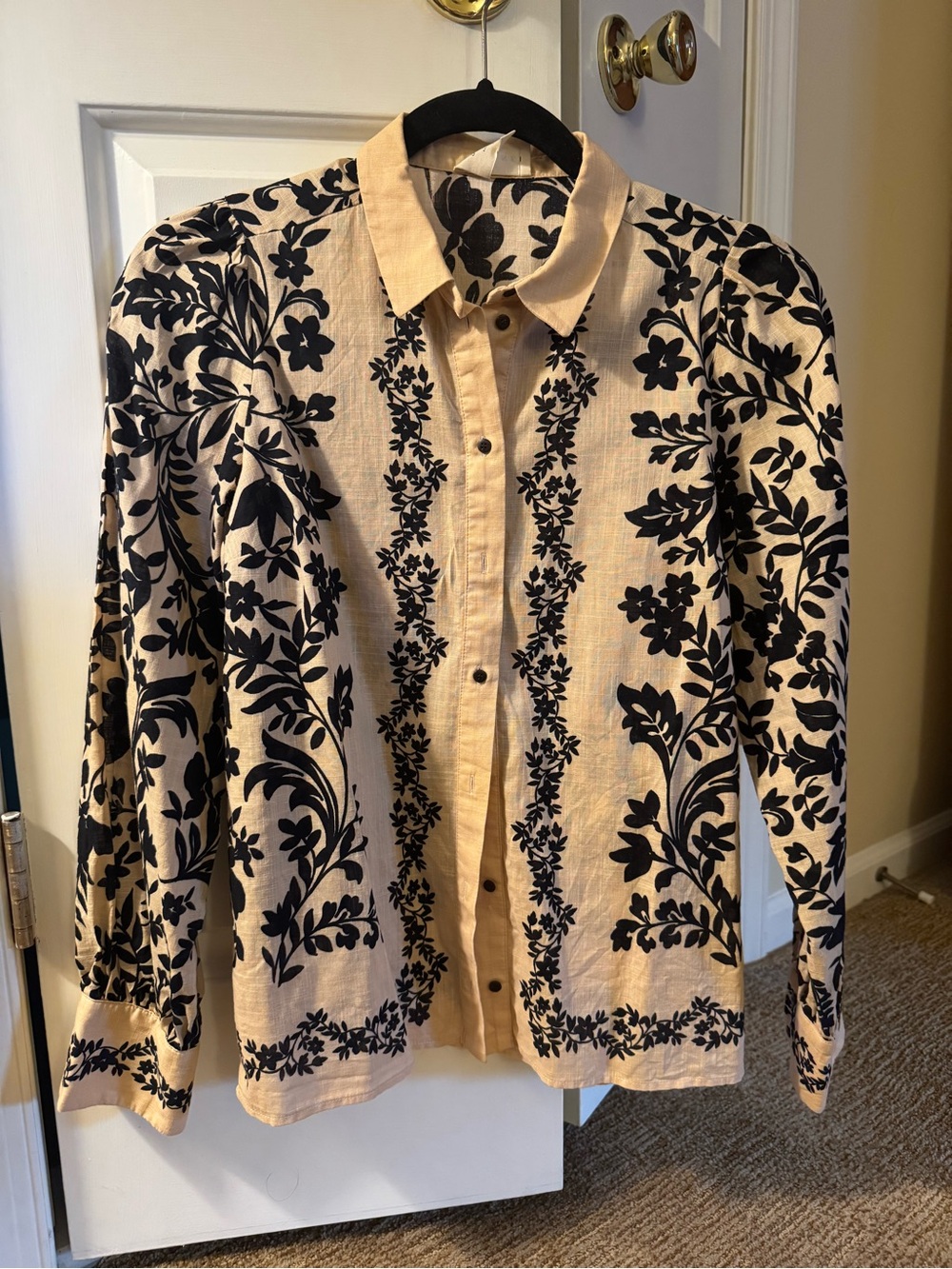 Sezane Tan Button-Up Blouse with Black Floral Embroidery